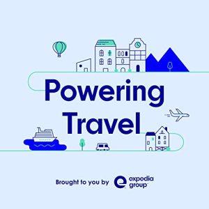 Branded podcast logo for Powering Travel by Expedia