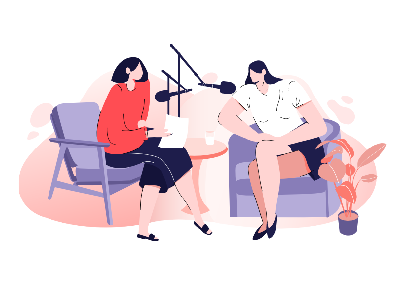 Illustration of two women podcasting alongside each other