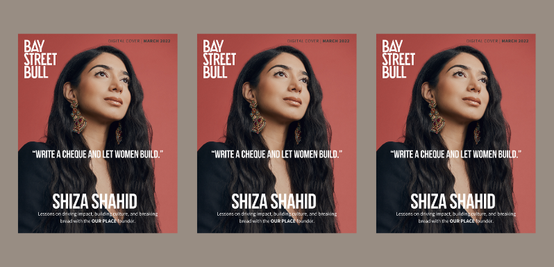 magazine covers of Our Place founder Shiza Shahid looking up and hopeful wearing a black jacket against a red background