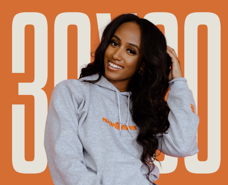 Keesa K wearing a grey sweatshirt with an orange background and 30X30 behind her.